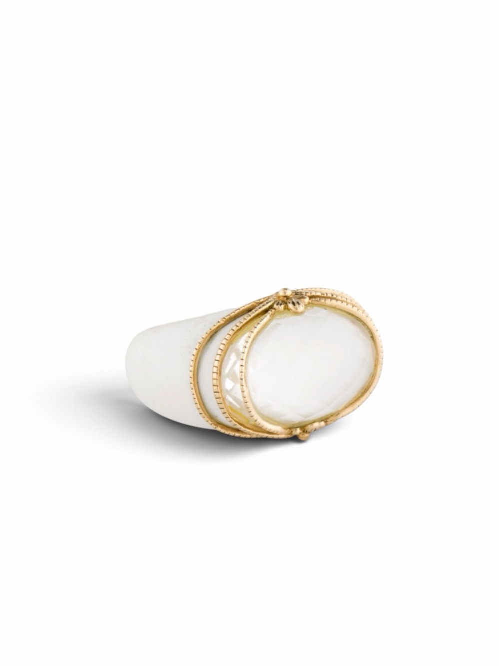 Elizabeth Adams Collection 14K Gold White Quartz & Chalcedony Cocktail Ring S